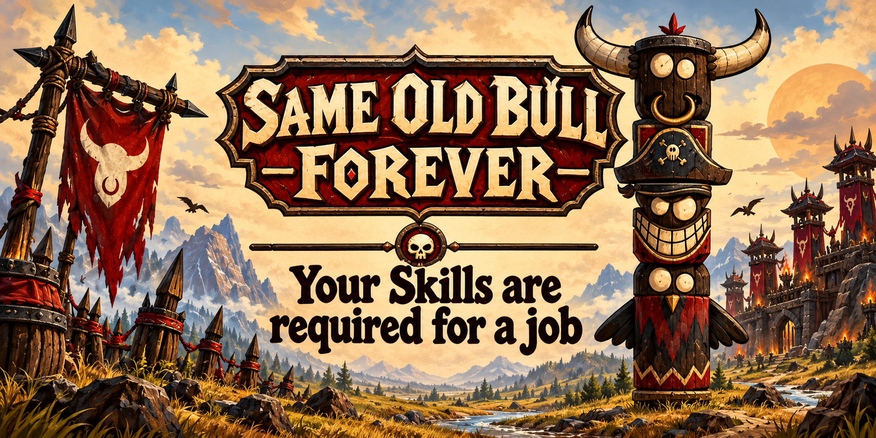 Same Old Bull — Forever, with a red bull banner, wooden totem and golden Azeroth landscape. Your skills are required for a job.